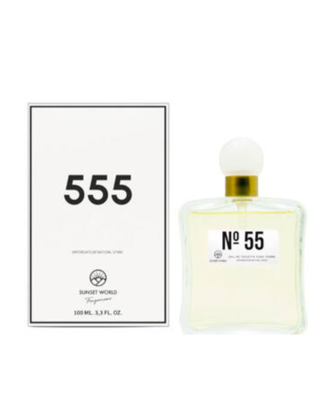 Confezione bianca minimal e flacone del profumo 555 di Sunset World ispirato a Chanel N° 5