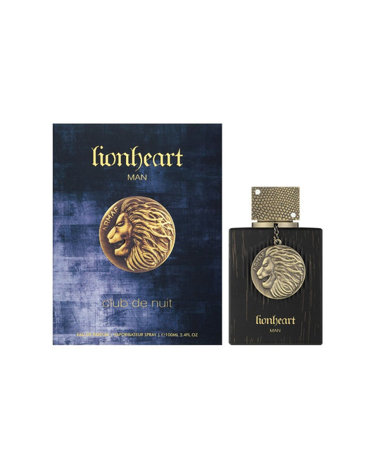 Armaf Club de Nuit Lionheart Man eau de parfum 100 ml uomo, flacone nero con medaglione leone dorato e confezione blu