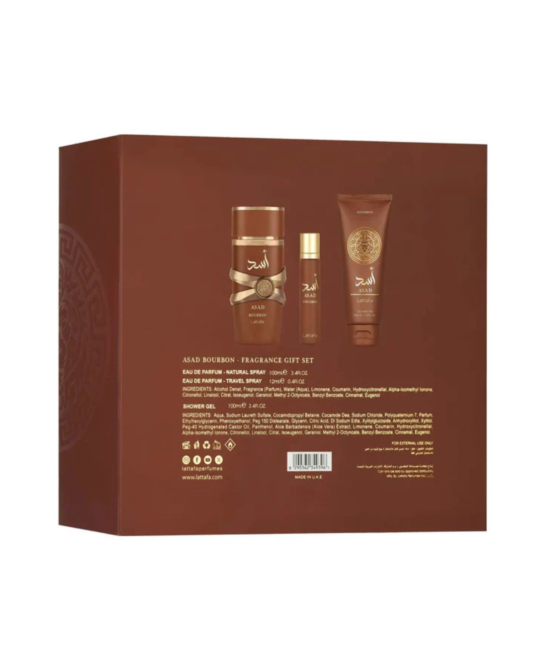 Retro della confezione regalo Lattafa Asad Bourbon con contenuto del set e ingredienti