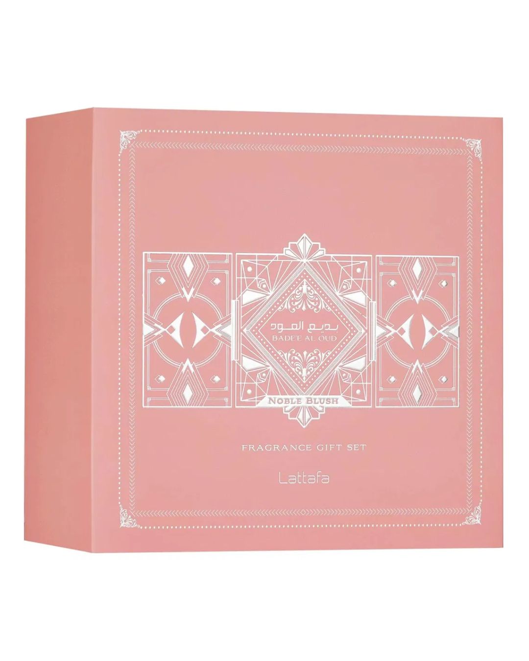 Cofanetto regalo Lattafa Bade'e Al Oud Noble Blush – confezione rosa cipria con decori argentati in stile art déco