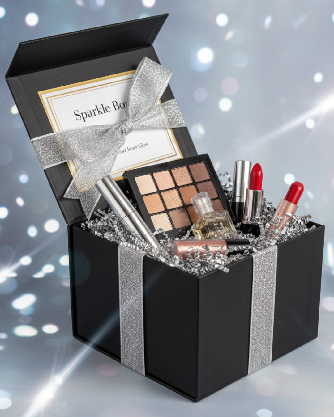 Discovery Box di artedelmakeup.com, mystery box beauty nera con fiocco nero e prodotti make up e profumi all'interno