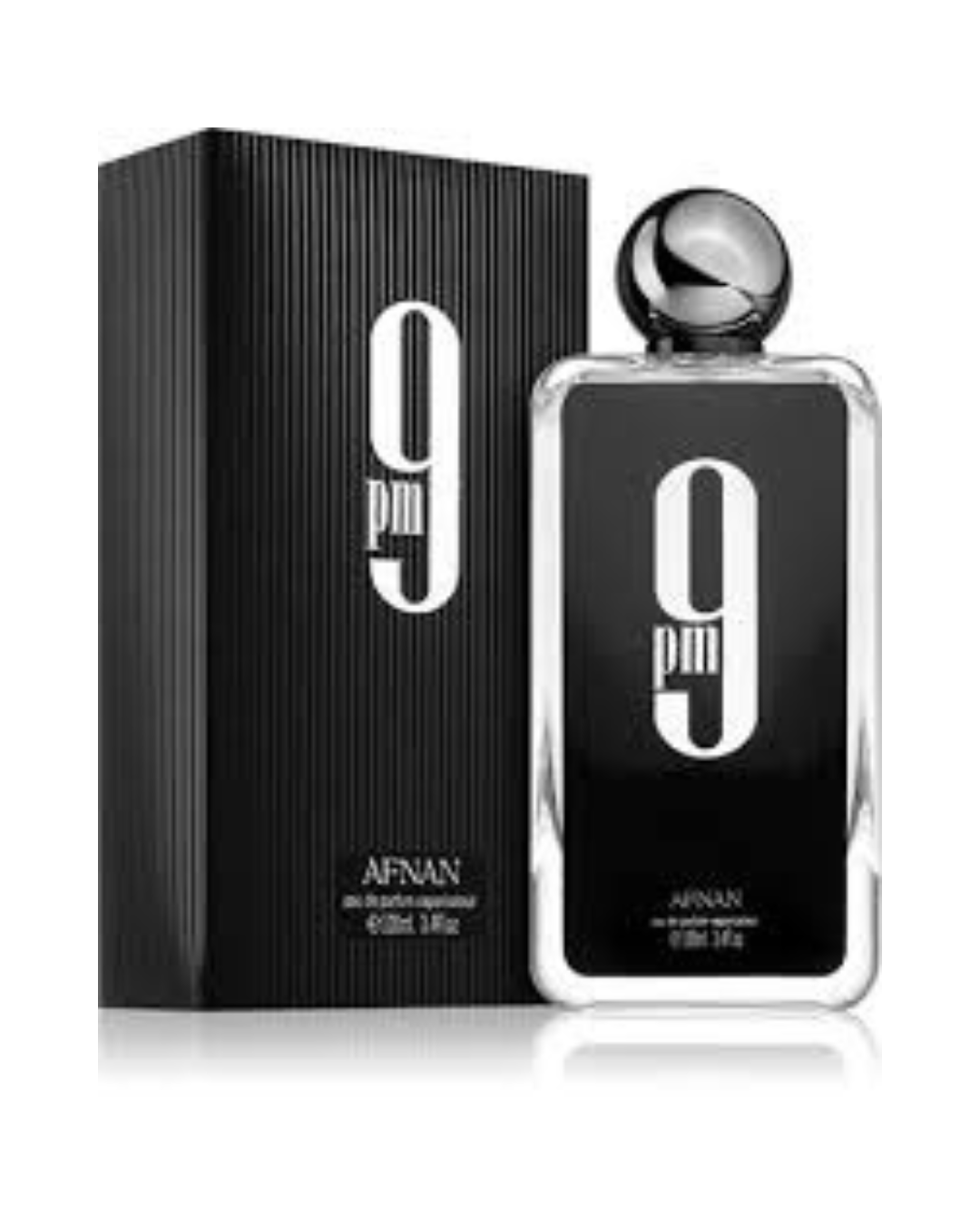 Flacone e scatola nera del profumo arabo Afnan 9 PM Eau de Parfum da uomo
