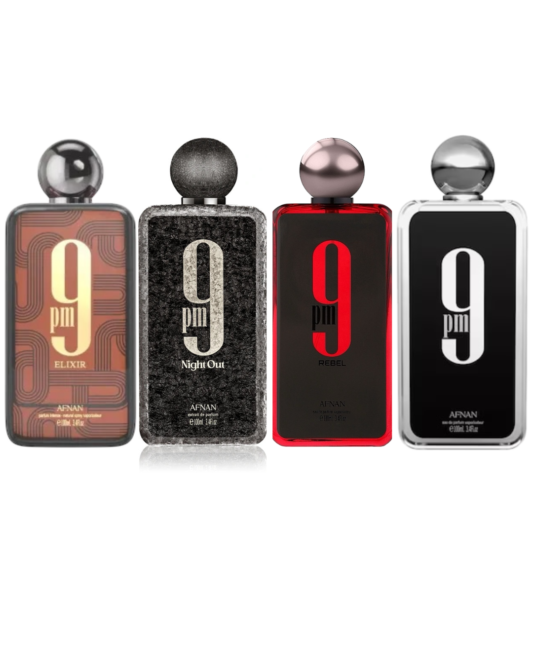 Le quattro varianti del profumo da uomo Afnan 9 PM (Elixir, Night Out, Rebel e Originale nero) da cui sono estratti i decant da 3ml, 5ml e 10ml.