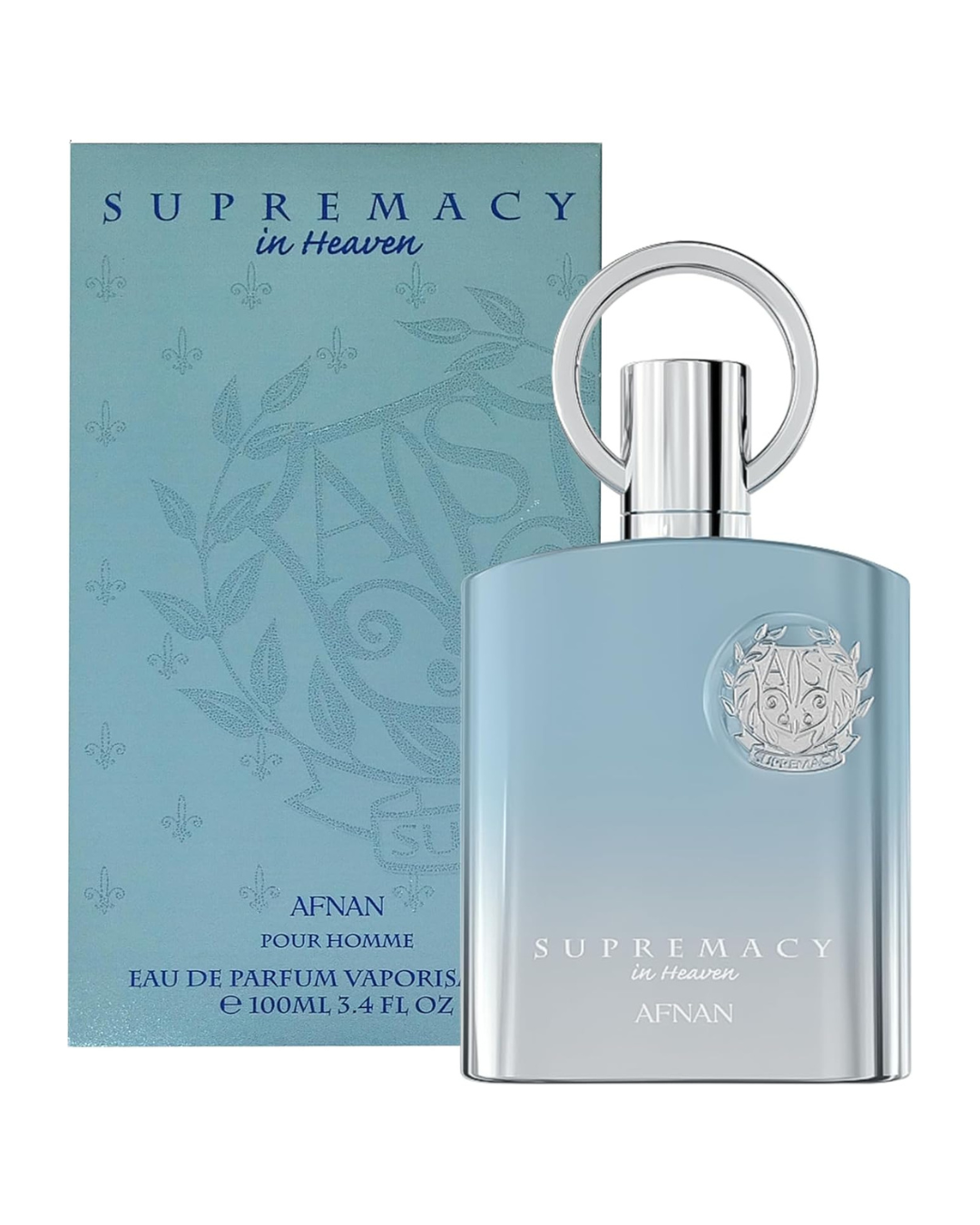 Flacone azzurro sfumato del profumo da uomo Afnan Supremacy in Heaven Eau de Parfum 100ml con tappo ad anello argentato.