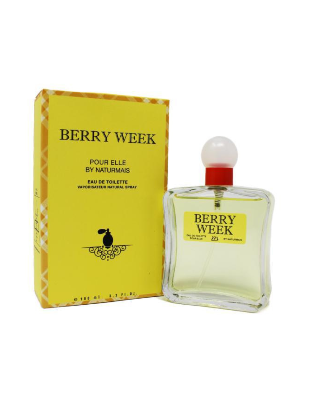 Confezione gialla a quadri e flacone del profumo Berry Week di Naturmais ispirato a Burberry Weekend for Women