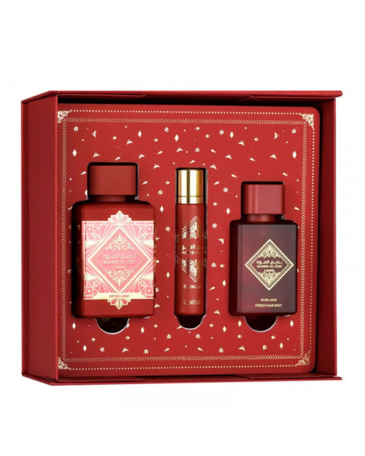 Contenuto del set Lattafa Badee Al Oud Sublime: flacone eau de parfum 100ml, travel spray 10ml e fresh hair mist nel cofanetto rosso e oro