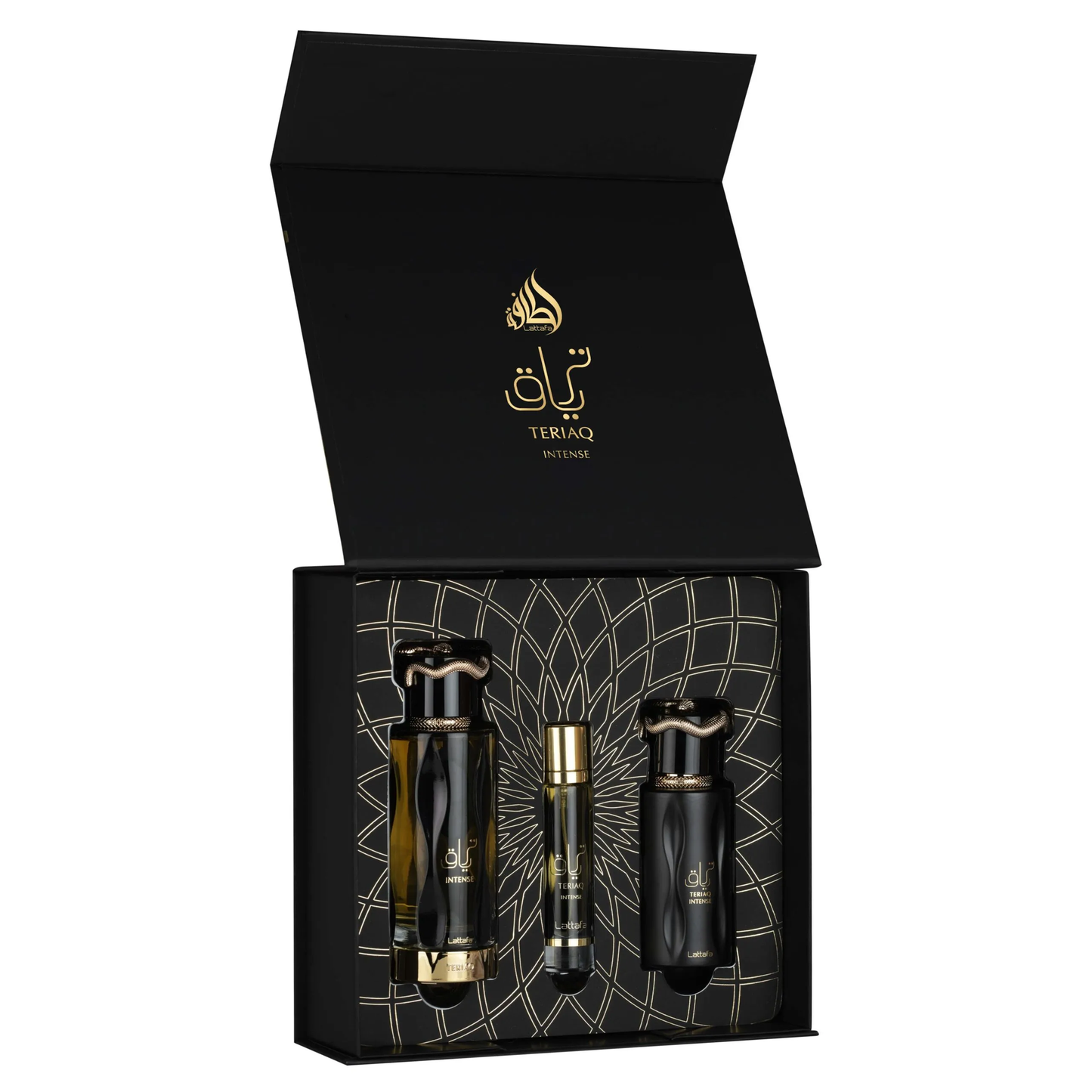 Set Teriaq Intense Lattafa: eau de parfum, travel spray e hair mist