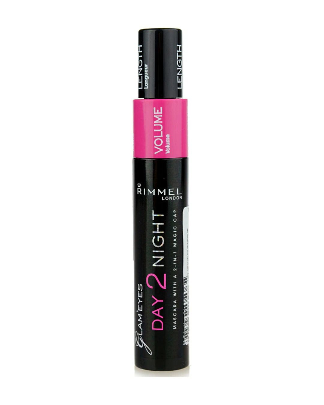 Tubetto chiuso del mascara britannico Rimmel London Glam'Eyes Day 2 Night con dettaglio del doppio tappo magico