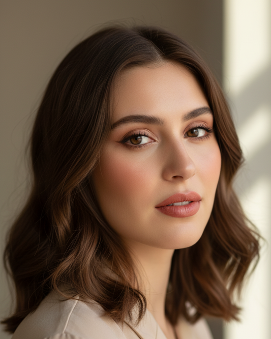 Modella con indosso il rossetto Arval Velvet Shine N. 02. Primo piano del viso con labbra accentuate dal colore nude-rosato brillante