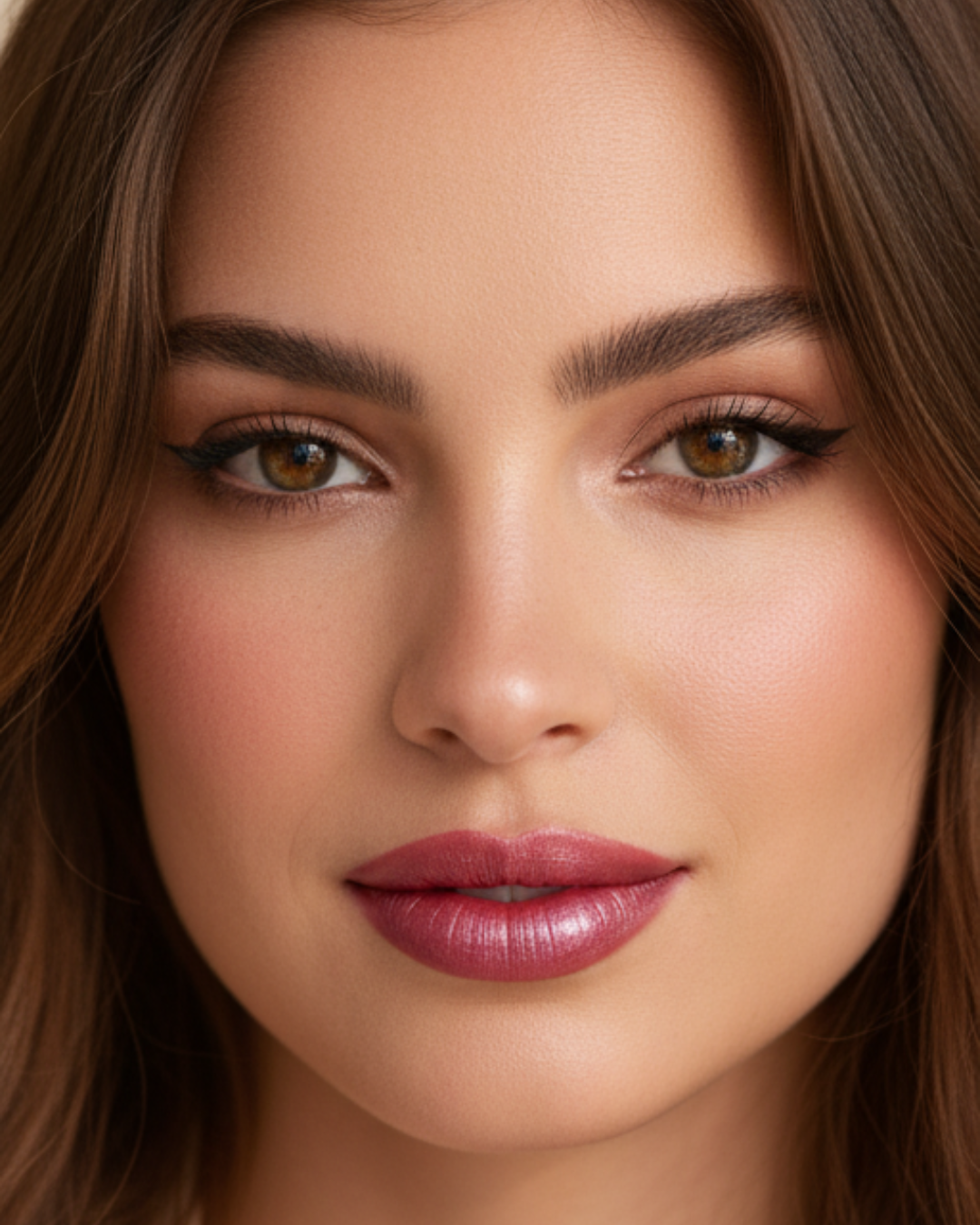 Modella con indosso il rossetto Arval Velvet Shine N. 03. Primo piano del viso con labbra accentuate dal colore fucsia brillante