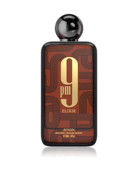 Confezione completa con scatola rigida e bottiglia del profumo Afnan 9pm Elixir Parfum Intense 100ml, brand degli Emirati Arabi Uniti.