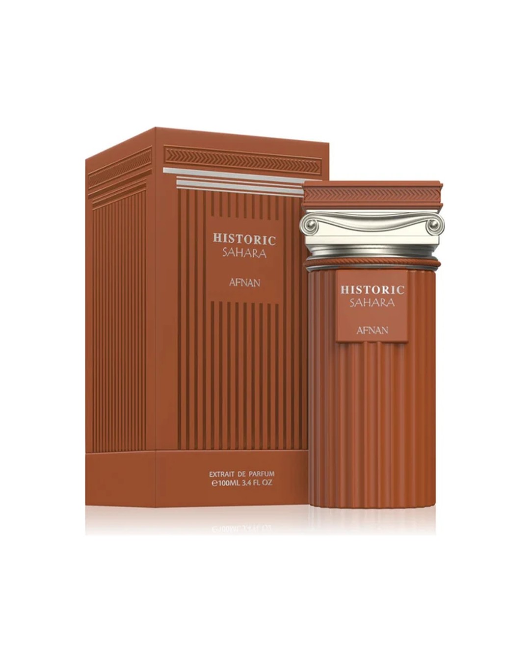 Profumo unisex Historic Sahara di Afnan. Vista completa con flacone a forma di colonna classica e la sua elegante scatola color terracotta.