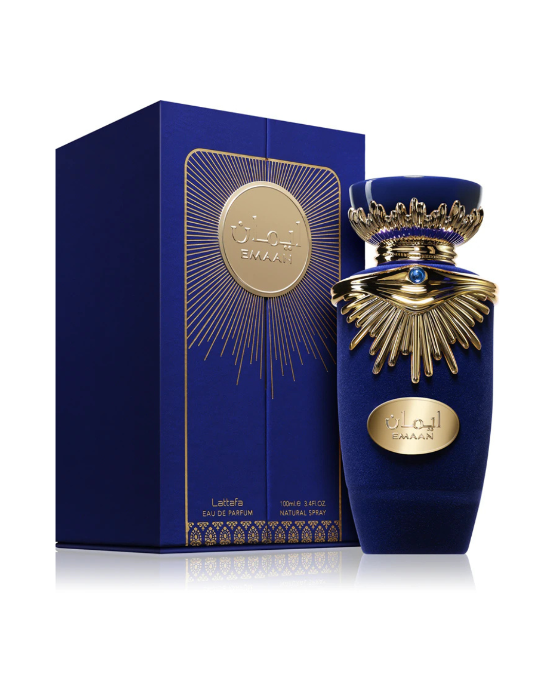 Profumo donna Emaan di Lattafa. Vista completa con l'imponente scatola blu e oro e il flacone rivestito in velluto blu notte con dettagli dorati