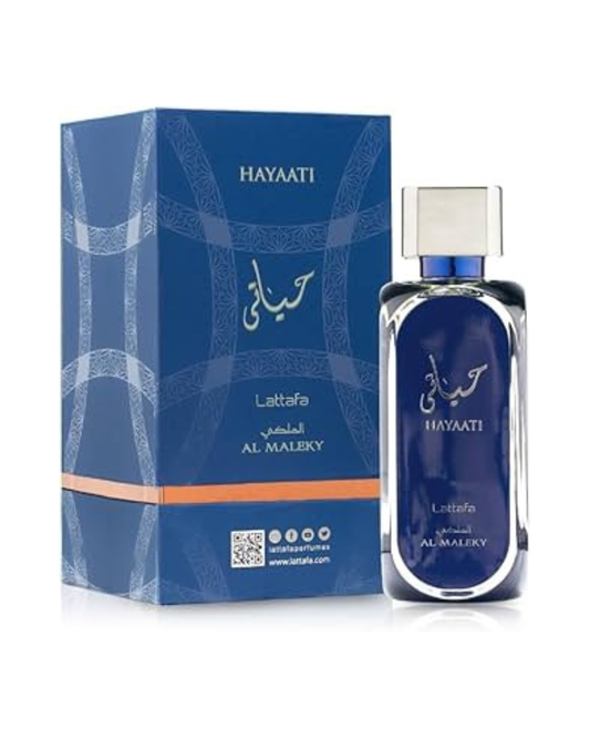 Profumo Hayaati Al Maleky di Lattafa. Vista completa con l'elegante scatola blu decorata e il flacone in vetro blu profondo con scritte argento.