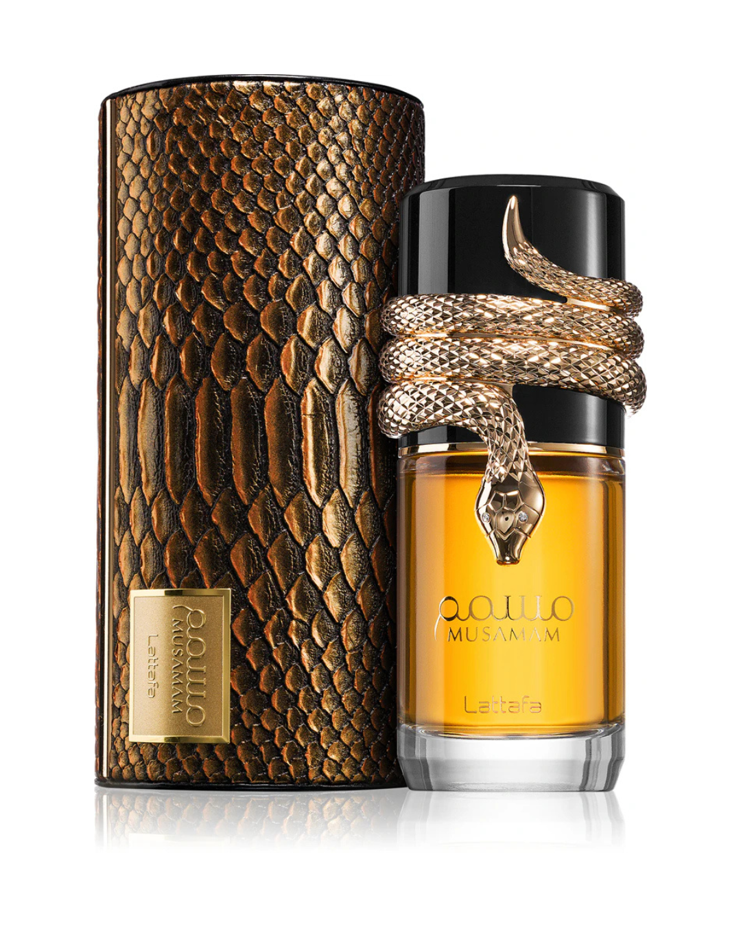 Profumo unisex Musamam di Lattafa. Vista completa con l'esclusiva scatola texture pelle di serpente e il flacone impreziosito dal serpente dorato