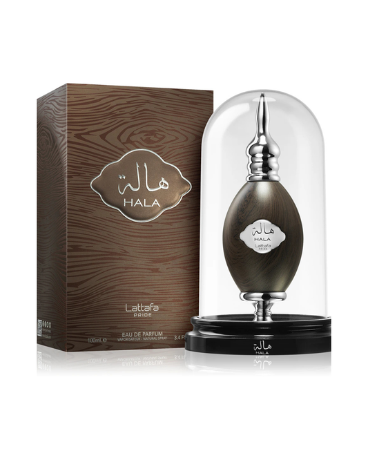 Profumo uomo Hala Lattafa Pride. Vista completa con scatola effetto legno e lo spettacolare flacone custodito all'interno di una cupola di vetro.