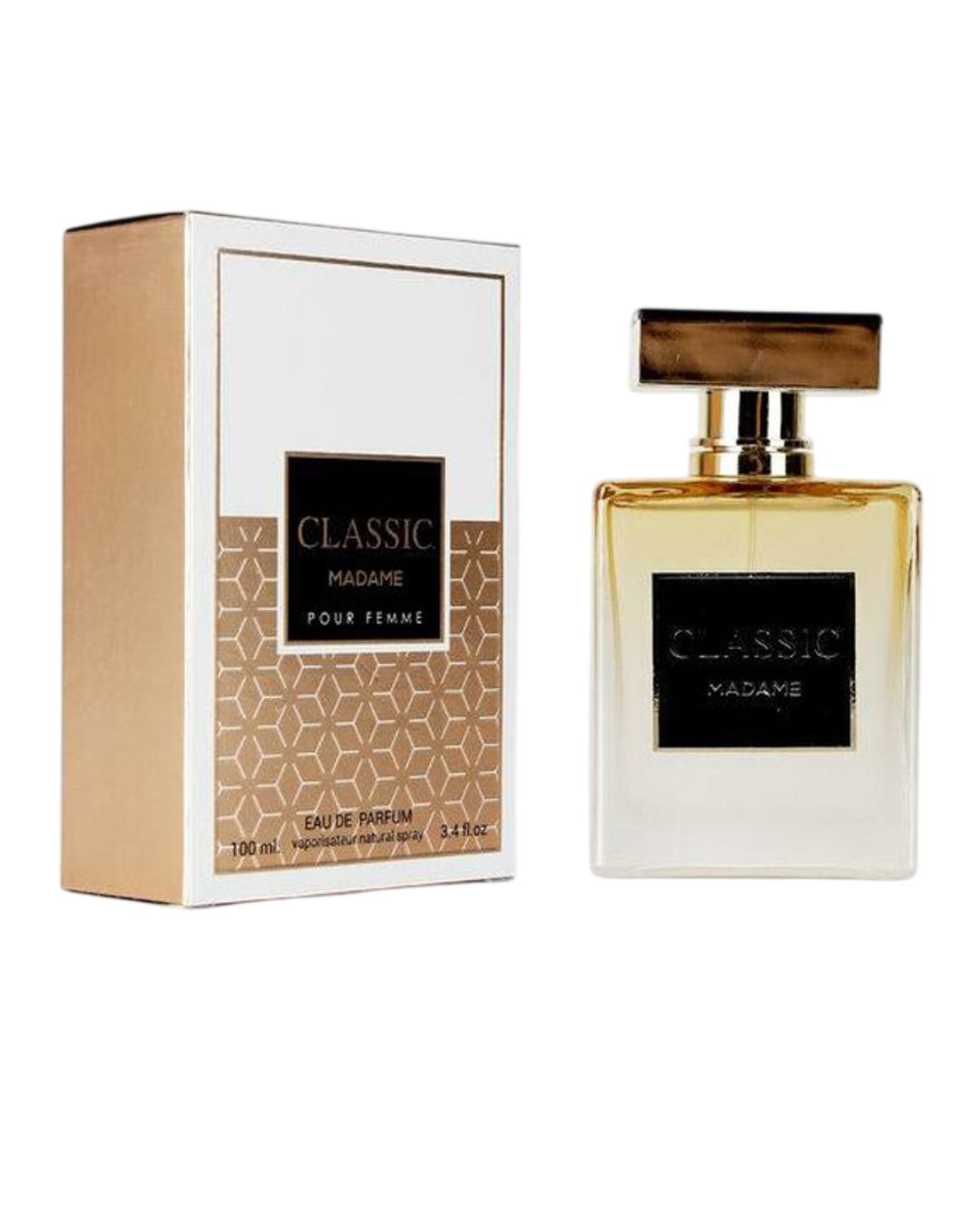Profumo donna Classic Madame Montage Brands. Flacone quadrato elegante in vetro con tappo dorato ed etichetta nera, accanto alla sua scatola bianca e oro.