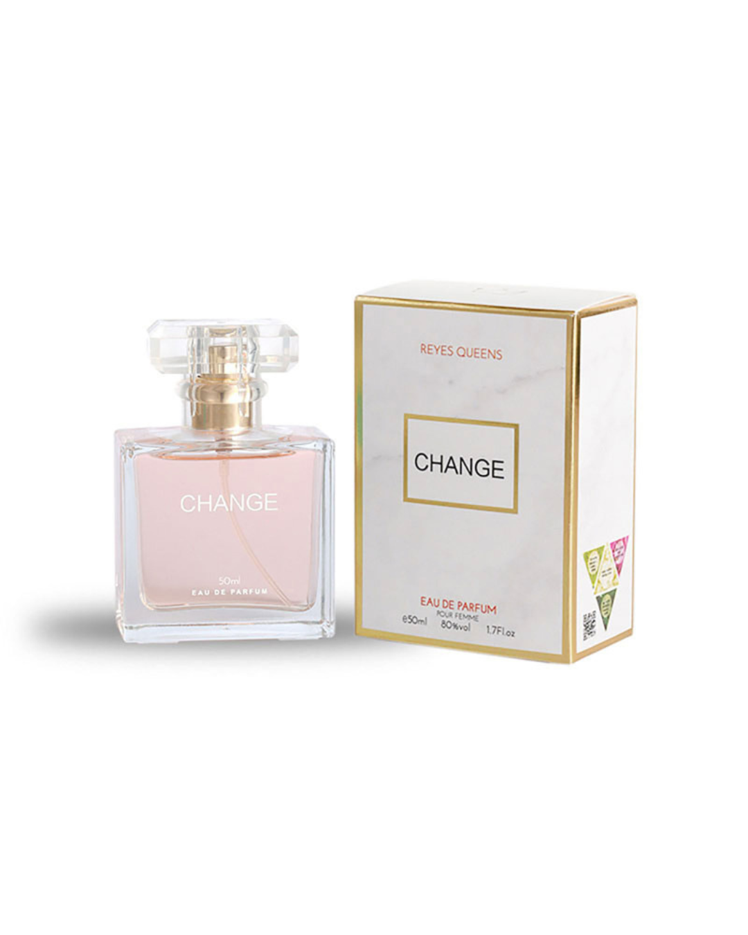 Profumo donna Change Reyes Queens. Flacone elegante con scatola effetto marmo bianco e oro, fragranza fresca e orientale