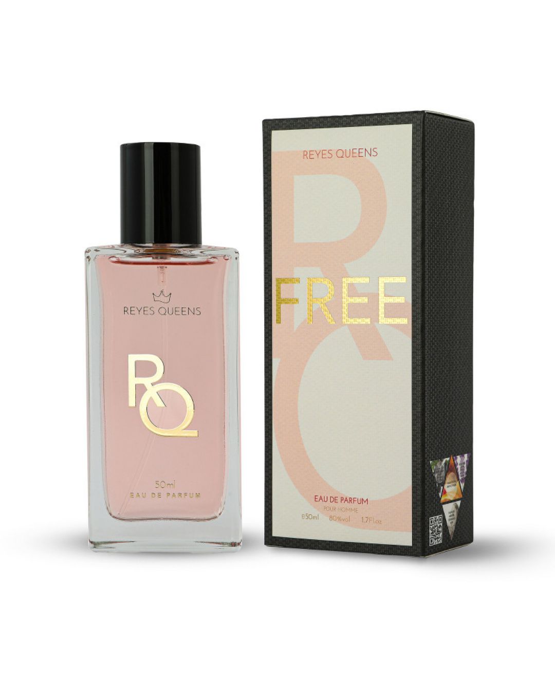Profumo donna Free Reyes Queens. Flacone con logo RQ oro e liquido rosa, fragranza floreale con lavanda e vaniglia.