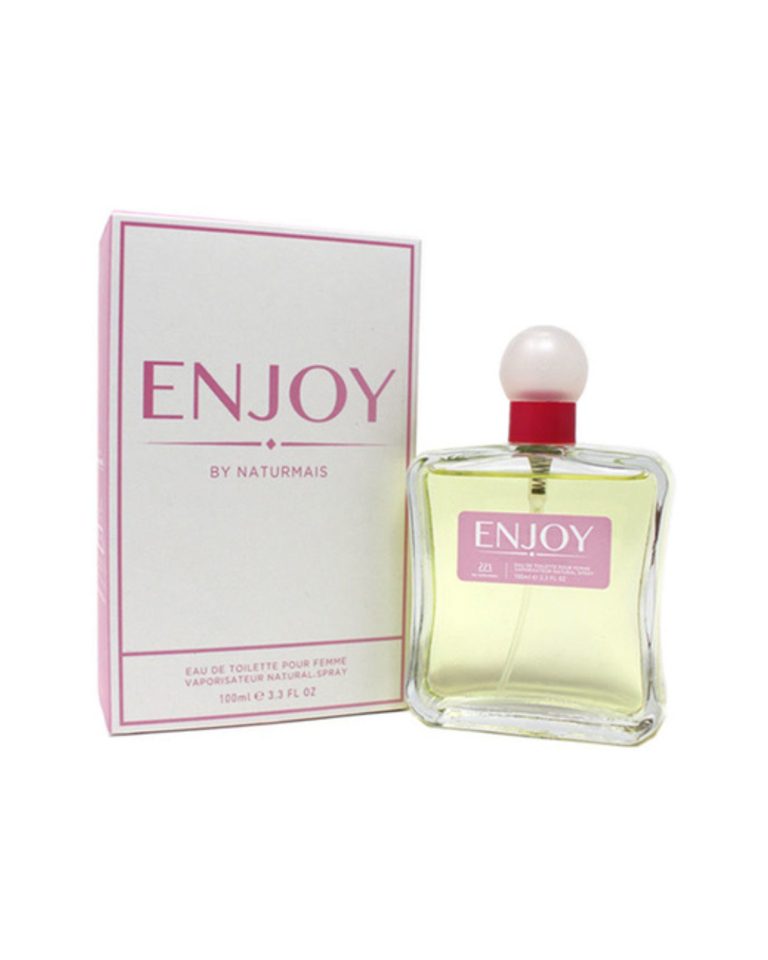 Confezione bianca con profili rosa e flacone del profumo Enjoy di Naturmais