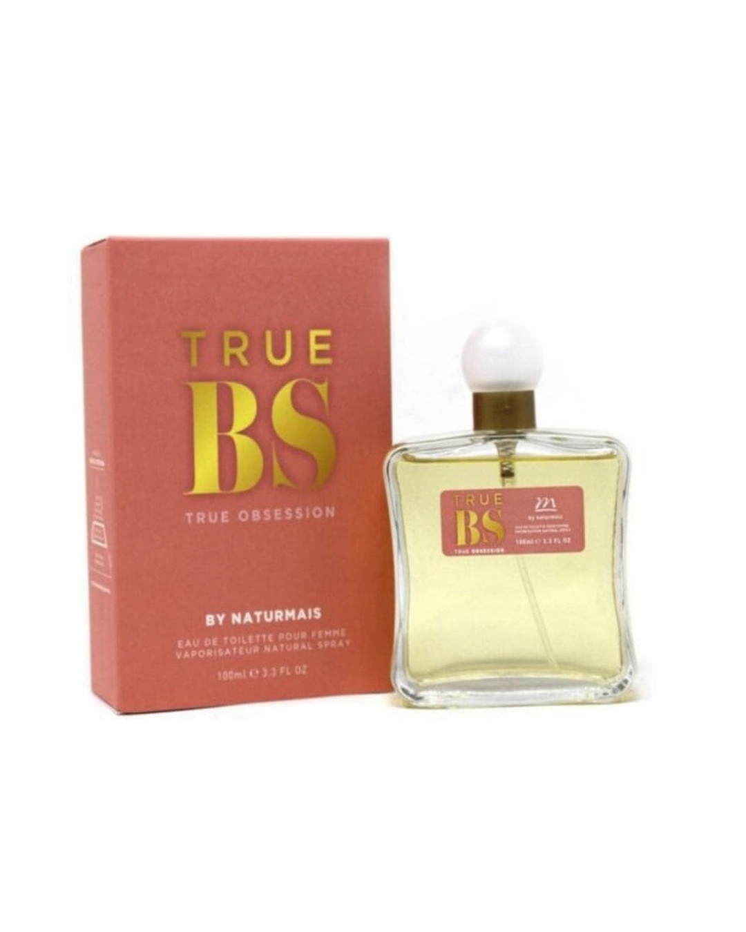Confezione corallo e oro e flacone del profumo True Obsession di Naturmais