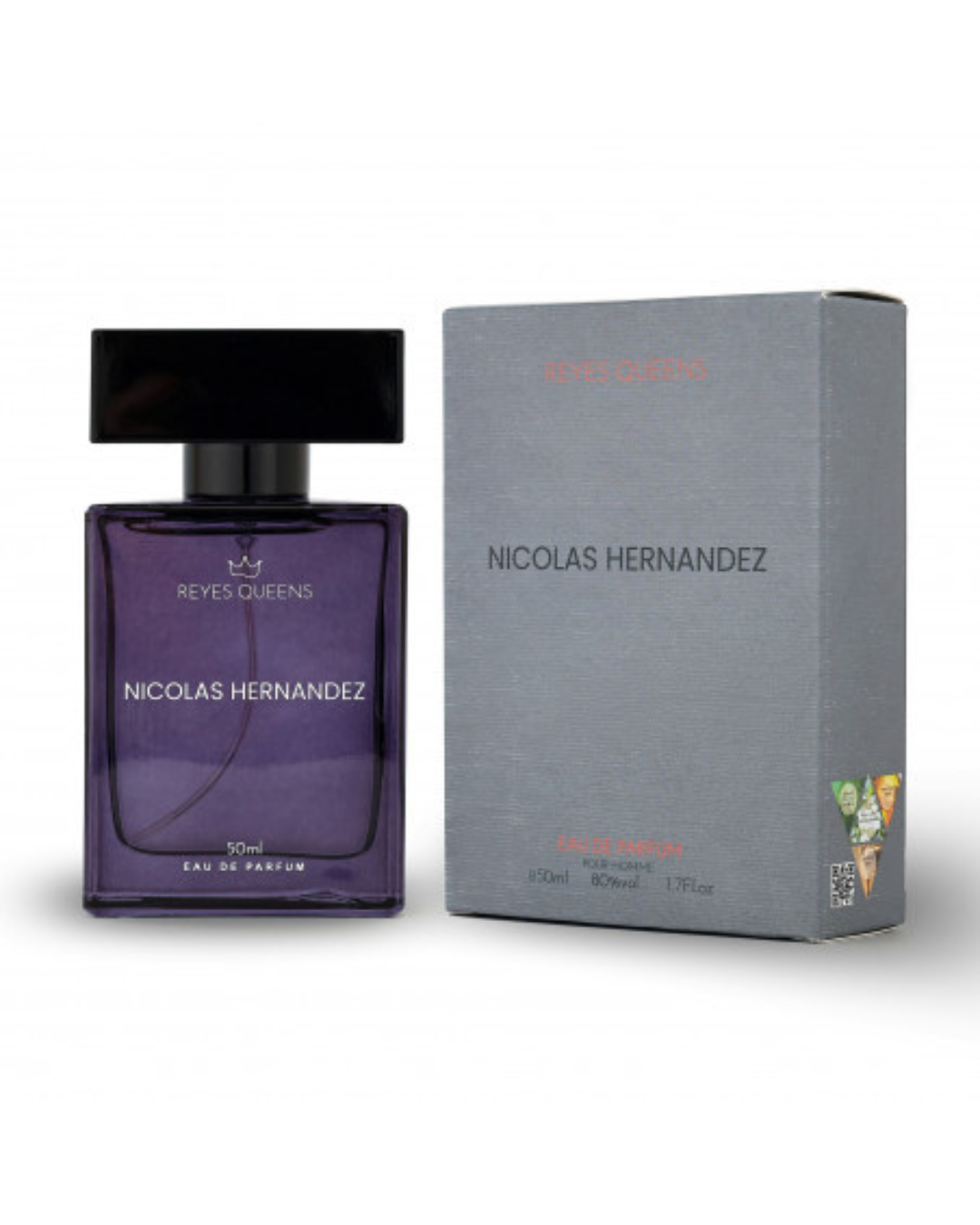 Profumo uomo Nicolas Hernandez Reyes Queens. Flacone grigio scuro minimalista, fragranza muschiata con foglia di violetta.