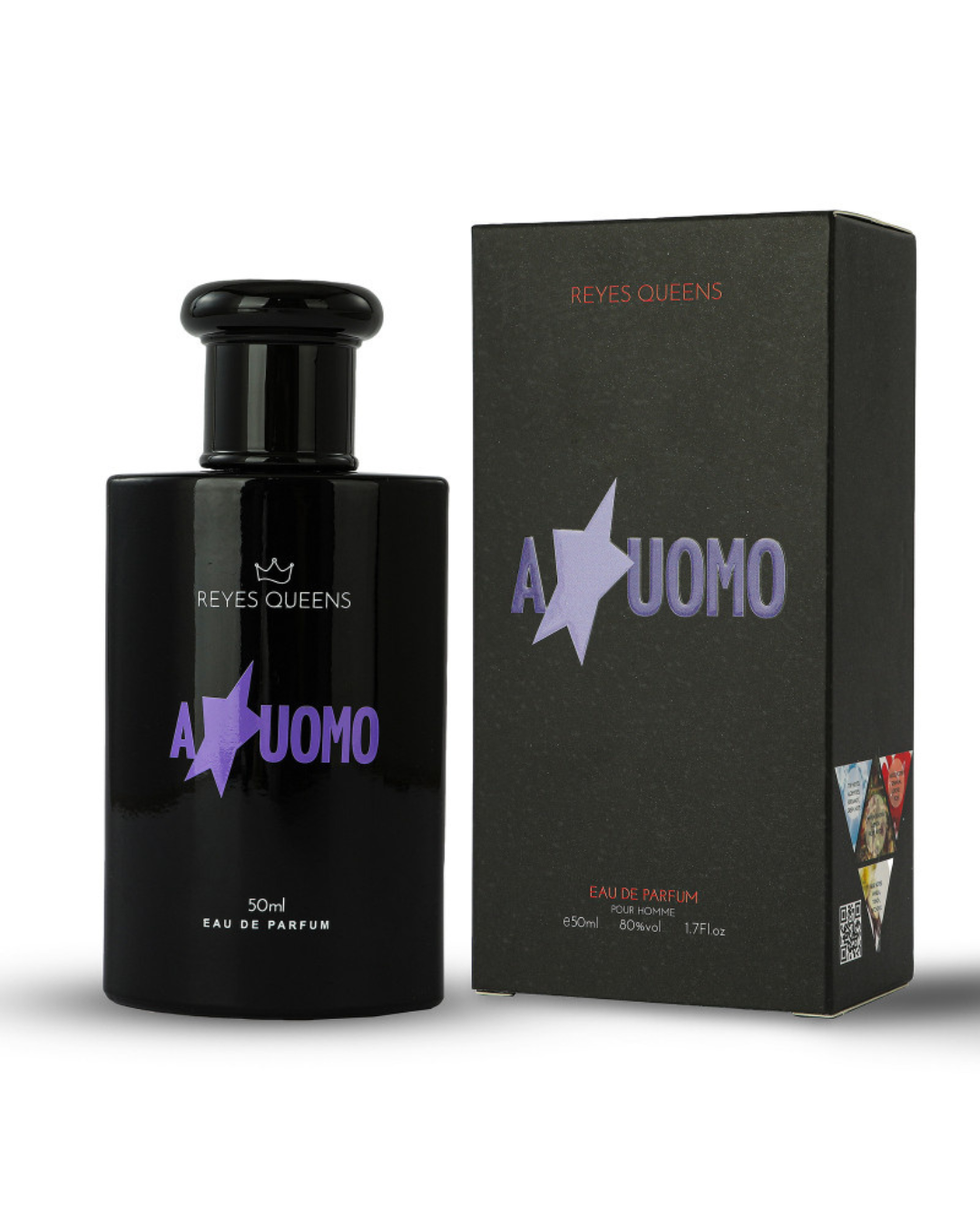 Profumo uomo A Uomo Reyes Queens. Flacone nero con stella, fragranza orientale con note di caffè e caramello.