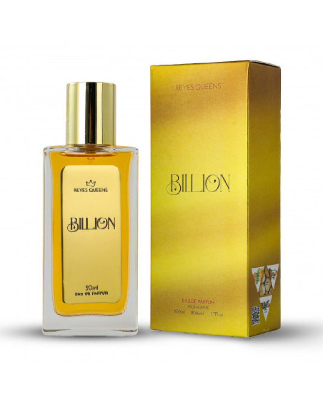 Profumo uomo Reyes Queens Billion 50ml. Flacone dorato elegante, fragranza con note intense di cannella, spezie e cuoio.