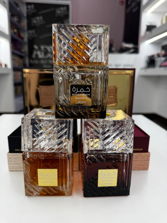 Collezione profumi Lattafa Khamrah originali: versioni Classica, Qahwa e Dukhan disponibili in Italia da Arte del Makeup