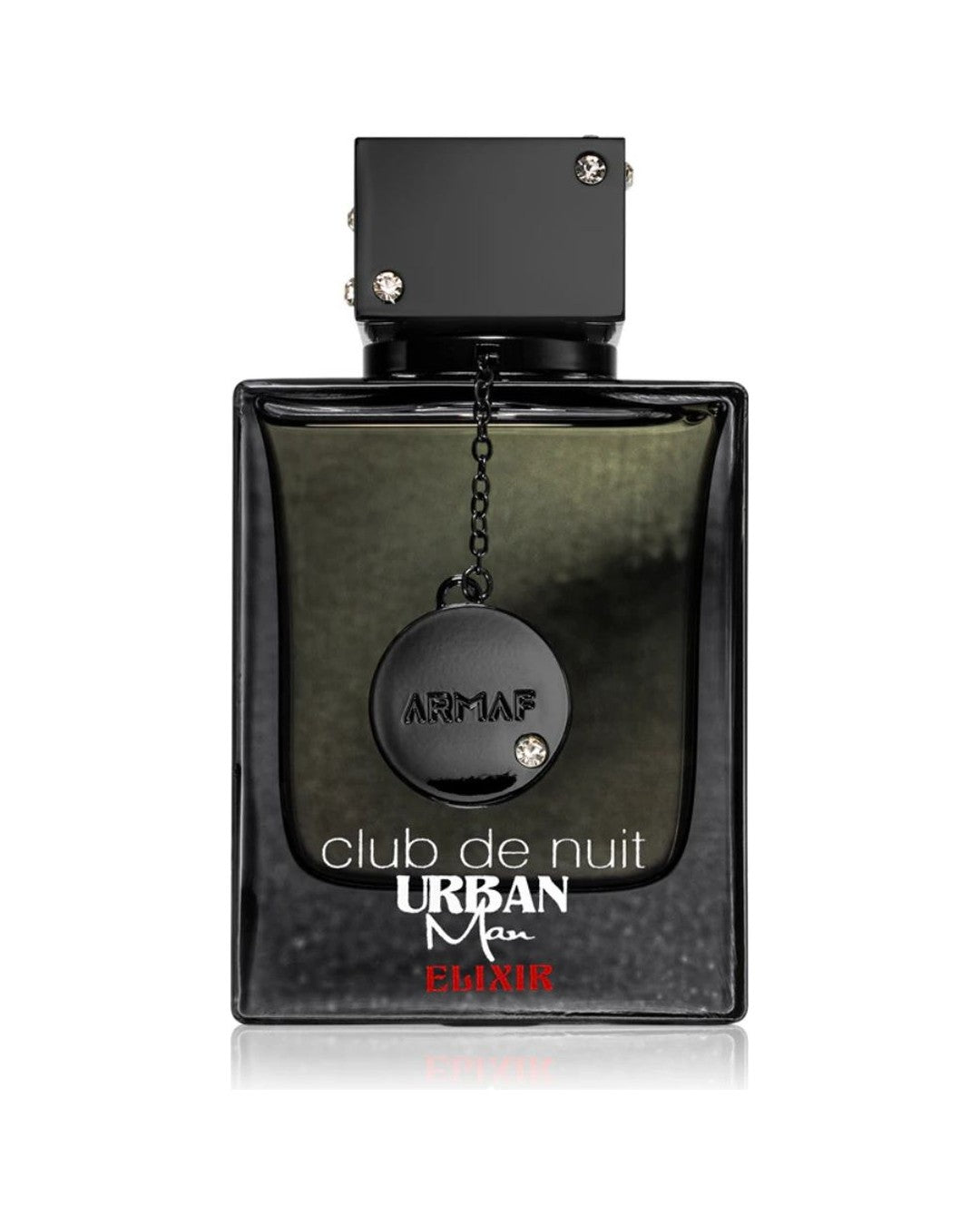 Flacone Armaf Club de Nuit Urban Man Elixir 105 ml in vetro nero con ciondolo metallico