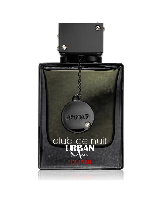 Flacone Armaf Club de Nuit Urban Man Elixir 105 ml in vetro nero con ciondolo metallico