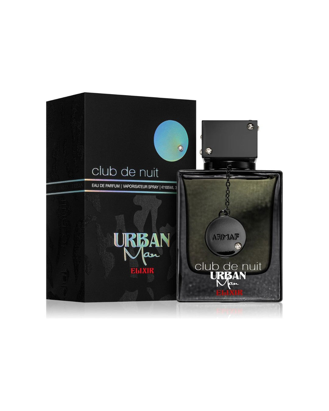 Armaf Club de Nuit Urban Man Elixir eau de parfum 105 ml uomo, flacone nero con medaglione Armaf e confezione