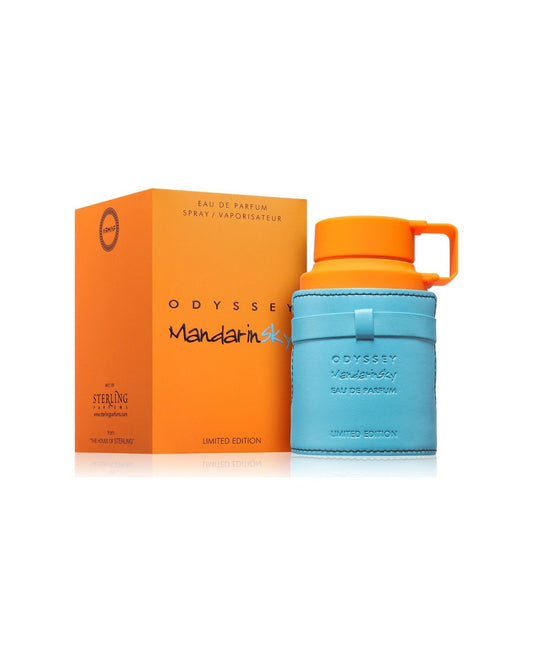 Armaf Odyssey Mandarin Sky Limited Edition, eau de parfum 100ml uomo: flacone in pelle azzurra con tappo arancione e confezione arancione
