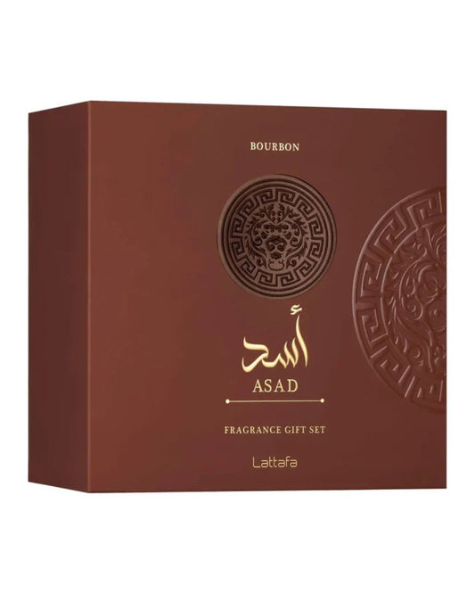 Cofanetto regalo Lattafa Asad Bourbon marrone con logo dorato e medaglione a rilievo