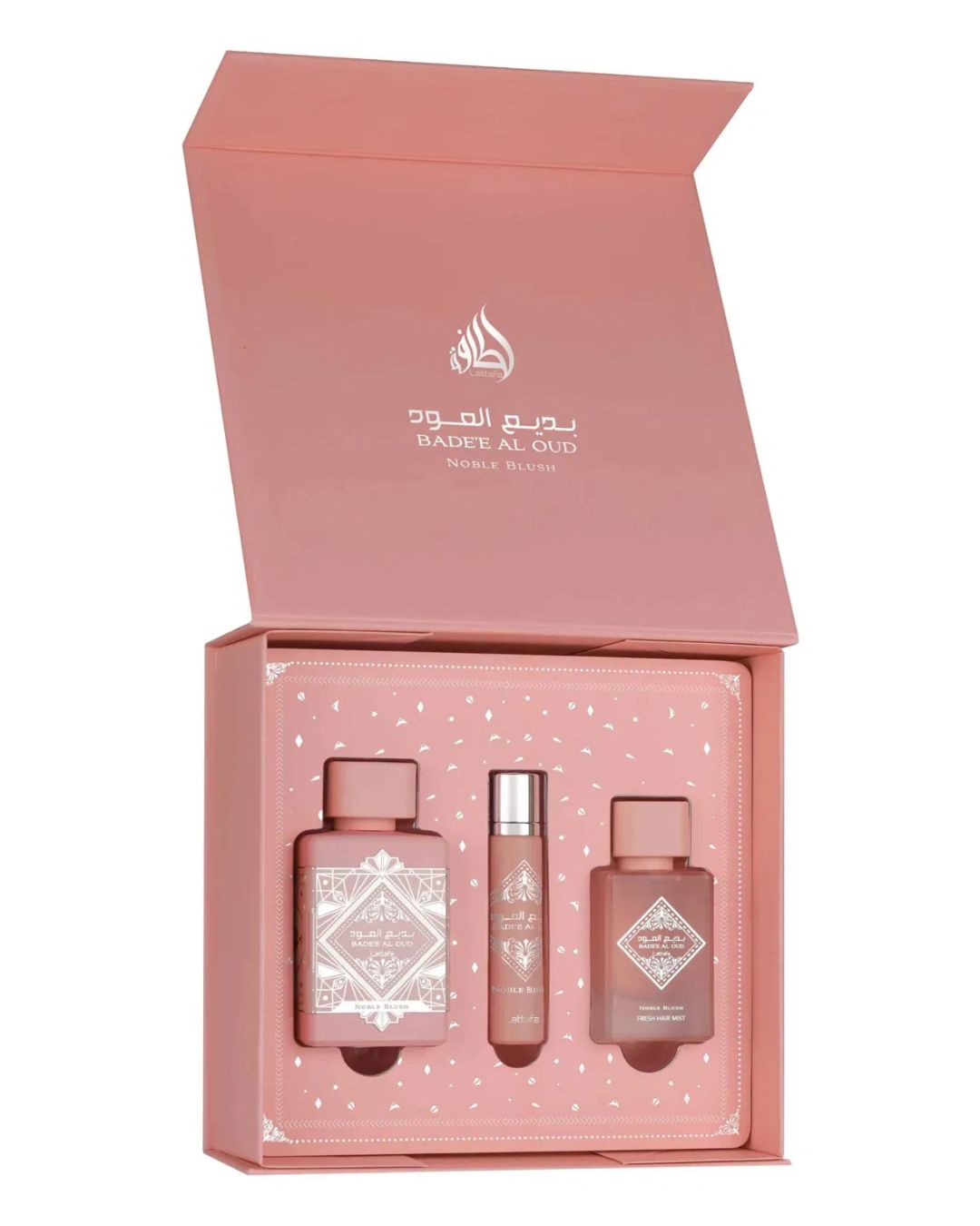 Cofanetto Lattafa Bade'e Al Oud Noble Blush aperto con eau de parfum 100 ml, travel spray 12 ml e profumo per capelli 50 ml