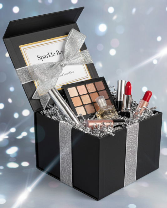 Discovery Box di artedelmakeup.com, mystery box beauty nera con fiocco nero e prodotti make up e profumi all'interno