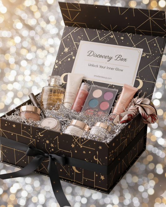 Sparkle Box di artedelmakeup.com, mystery box beauty nera con fiocco argento e prodotti make up e profumi all'interno.