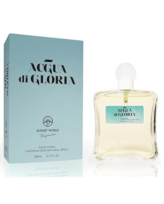 Confezione azzurro polvere e flacone del profumo Acqua di Gloria di Sunset World ispirato ad Acqua di Gioia di Giorgio Armani