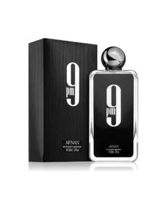 Flacone e scatola nera del profumo arabo Afnan 9 PM Eau de Parfum da uomo