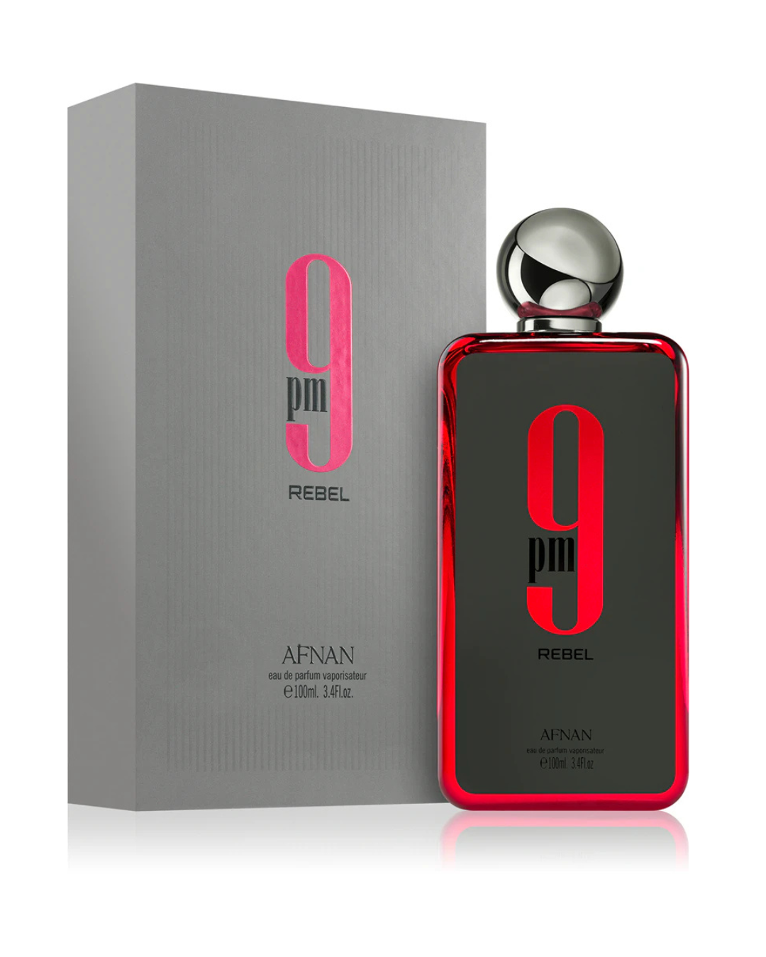 Flacone grigio con dettagli rossi del profumo arabo Afnan 9 PM Rebel Eau de Parfum da 100ml