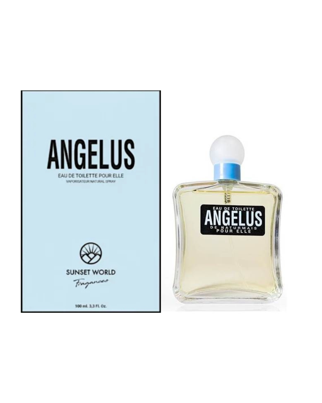 Confezione azzurro cielo e flacone del profumo Angelus di Sunset World ispirato a Angel di Thierry Mugler.
