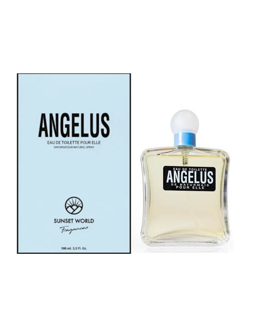 Confezione azzurro cielo e flacone del profumo Angelus di Sunset World ispirato a Angel di Thierry Mugler.