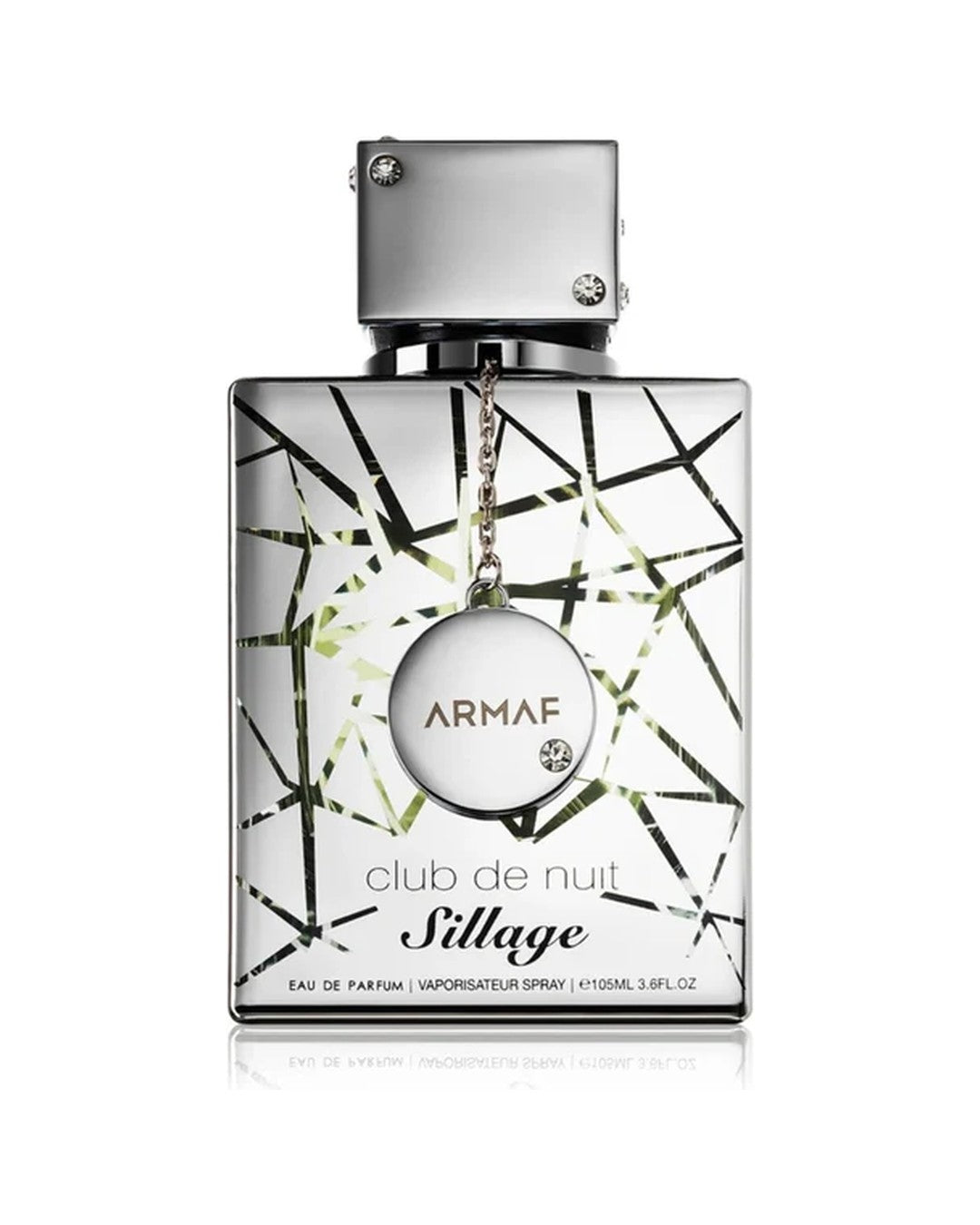 Flacone argentato a specchio del profumo Armaf Club de Nuit Sillage Eau de Parfum 105ml con pendente circolare incastonato di strass.
