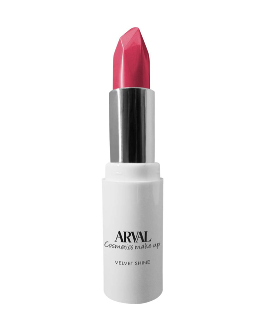 Rossetto Arval Velvet Shine N. 03 - Tonalità brillante fucsia con packaging bianco e dettagli cromati.