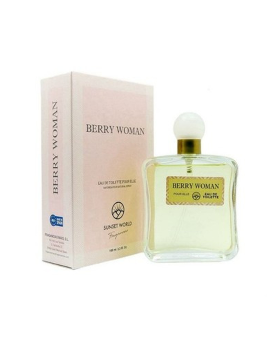 Confezione beige e flacone del profumo Berry Woman di Naturmais ispirato a Burberry Woman.