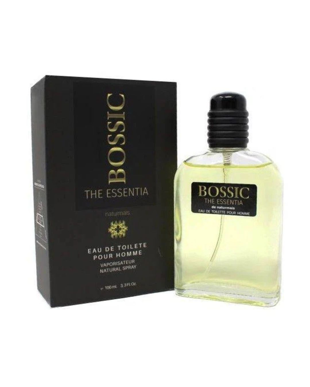 Flacone in vetro e scatola nera elegante del profumo da uomo Bossic The Essentia del brand spagnolo Naturmais, Eau de Toilette 100ml.