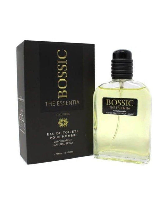Flacone in vetro e scatola nera elegante del profumo da uomo Bossic The Essentia del brand spagnolo Naturmais, Eau de Toilette 100ml.