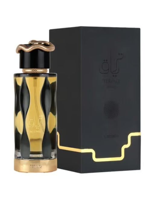 Scatola lussuosa nera e oro del profumo originale Lattafa Teriaq Intense