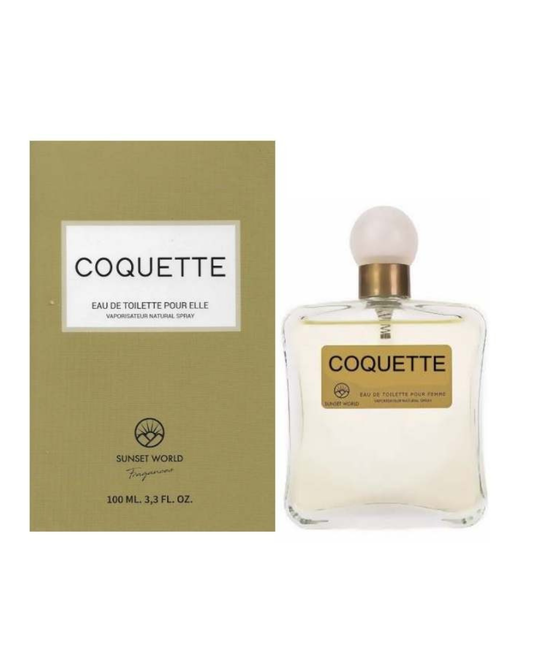 Confezione verde oliva e flacone del profumo Coquette di Sunset World ispirato a Coco di Chanel