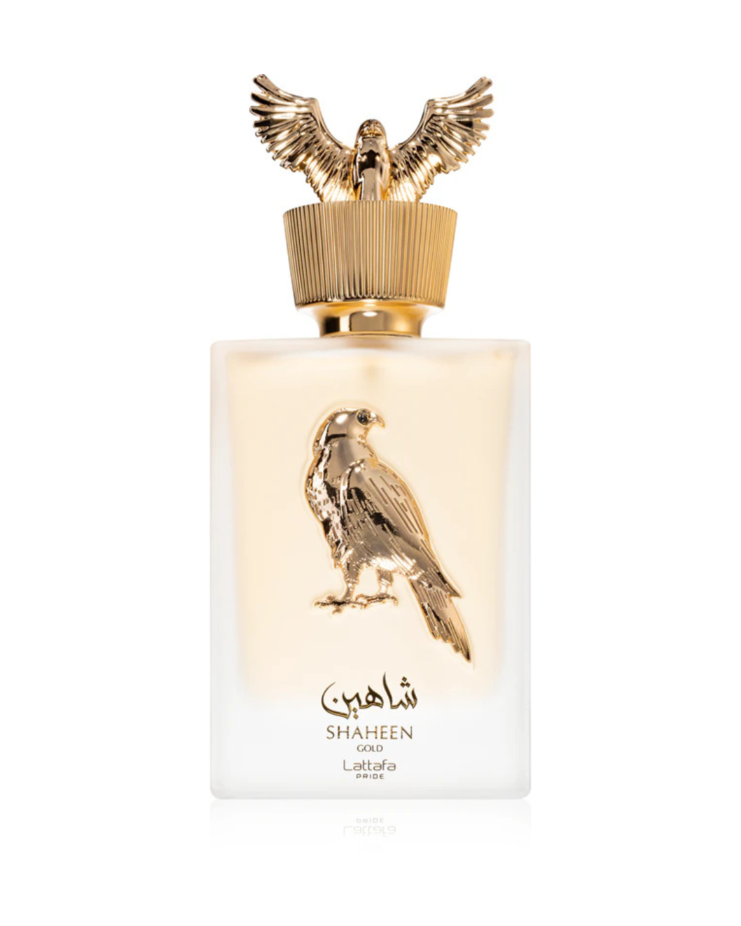 Dettaglio del flacone bianco opaco del profumo Lattafa Pride Shaheen Gold, con emblema dorato in rilievo e spettacolare scultura di un falco in volo sul tappo